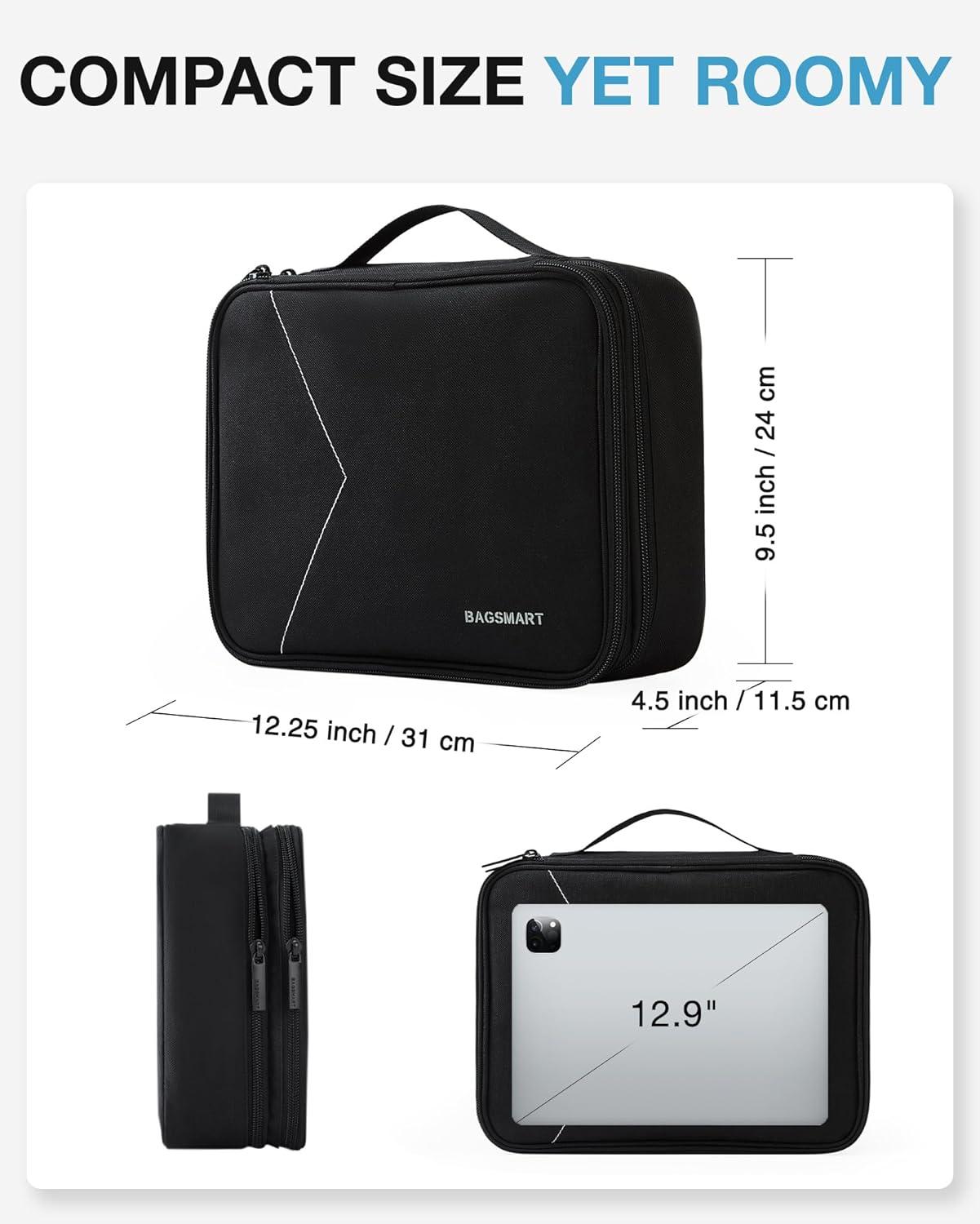 imageBAGSMART Cable Organizer Bag Travel Electronics Organizer with Adjustable Divider Tech Bag Carrying Case Storage Bag Sturdy Tool Case with Handle for Cellphone Cord Electronics Accessories BlackBlack