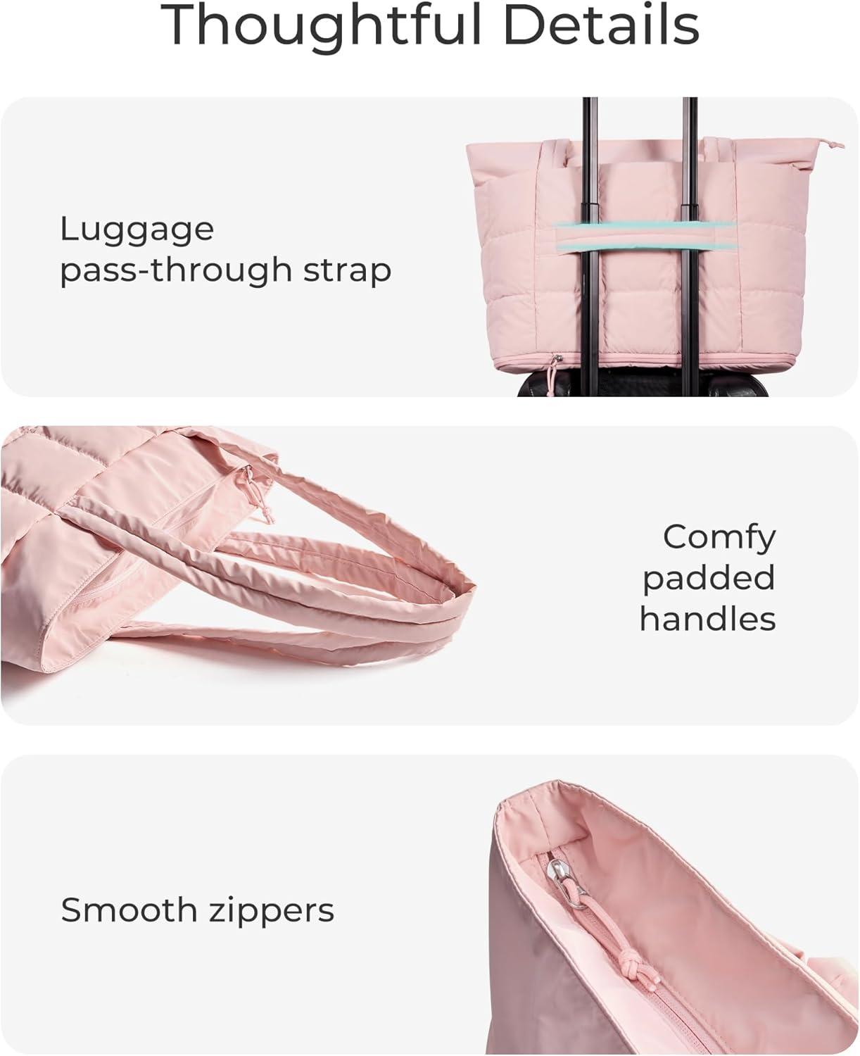 imageBAGSMART Expandable Tote Bag for Women Zippered Puffer Design with WaterResistant Quilted Nurse and CarryOn Travel Bag Pink