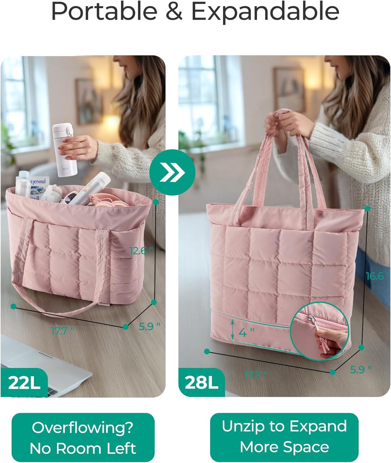 imageBAGSMART Expandable Tote Bag for Women Zippered Puffer Design with WaterResistant Quilted Nurse and CarryOn Travel Bag Pink