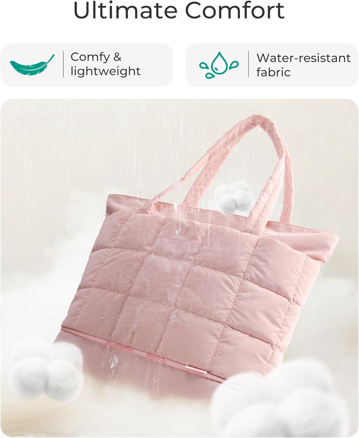 imageBAGSMART Expandable Tote Bag for Women Zippered Puffer Design with WaterResistant Quilted Nurse and CarryOn Travel Bag Pink