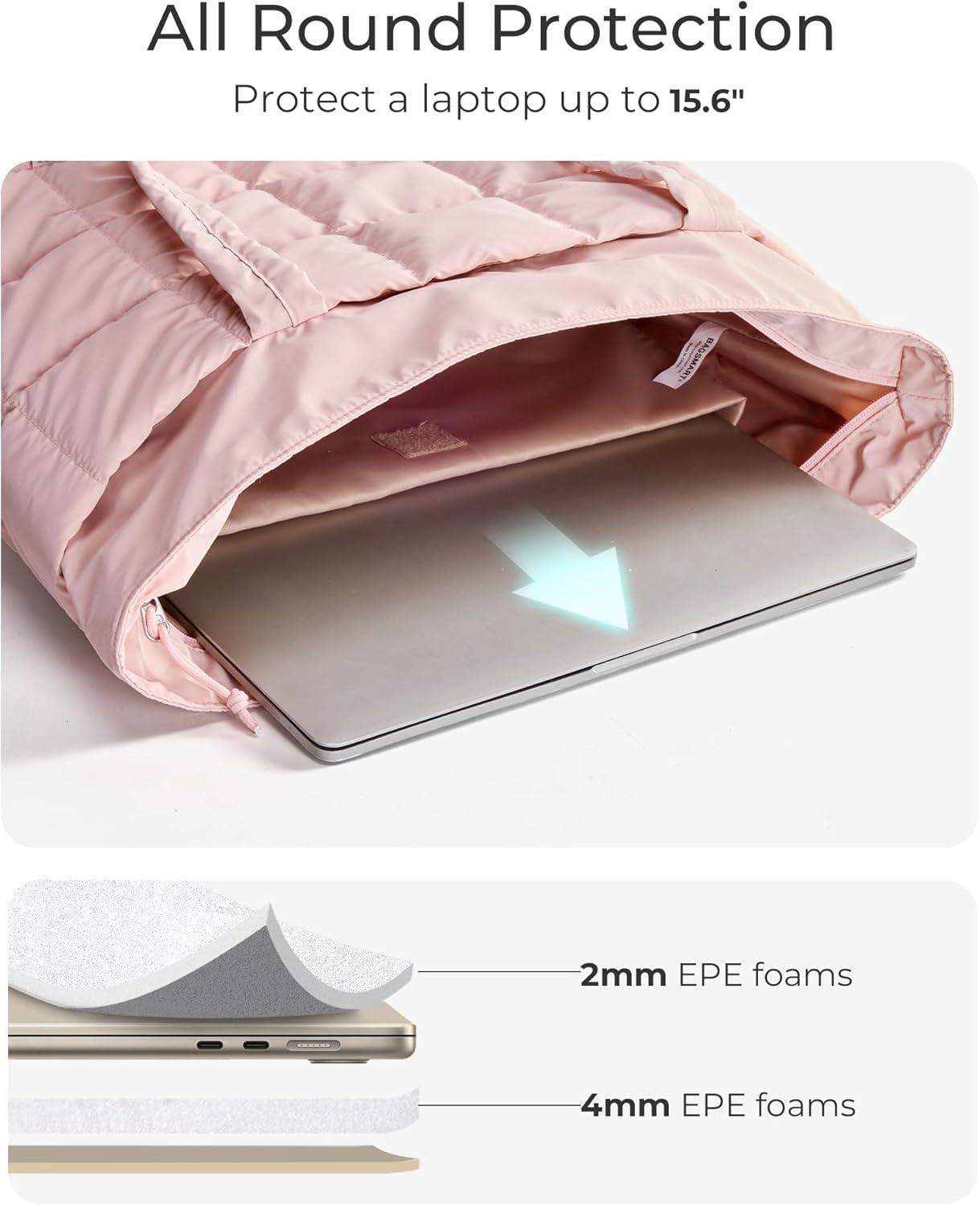 imageBAGSMART Expandable Tote Bag for Women Zippered Puffer Design with WaterResistant Quilted Nurse and CarryOn Travel Bag Pink