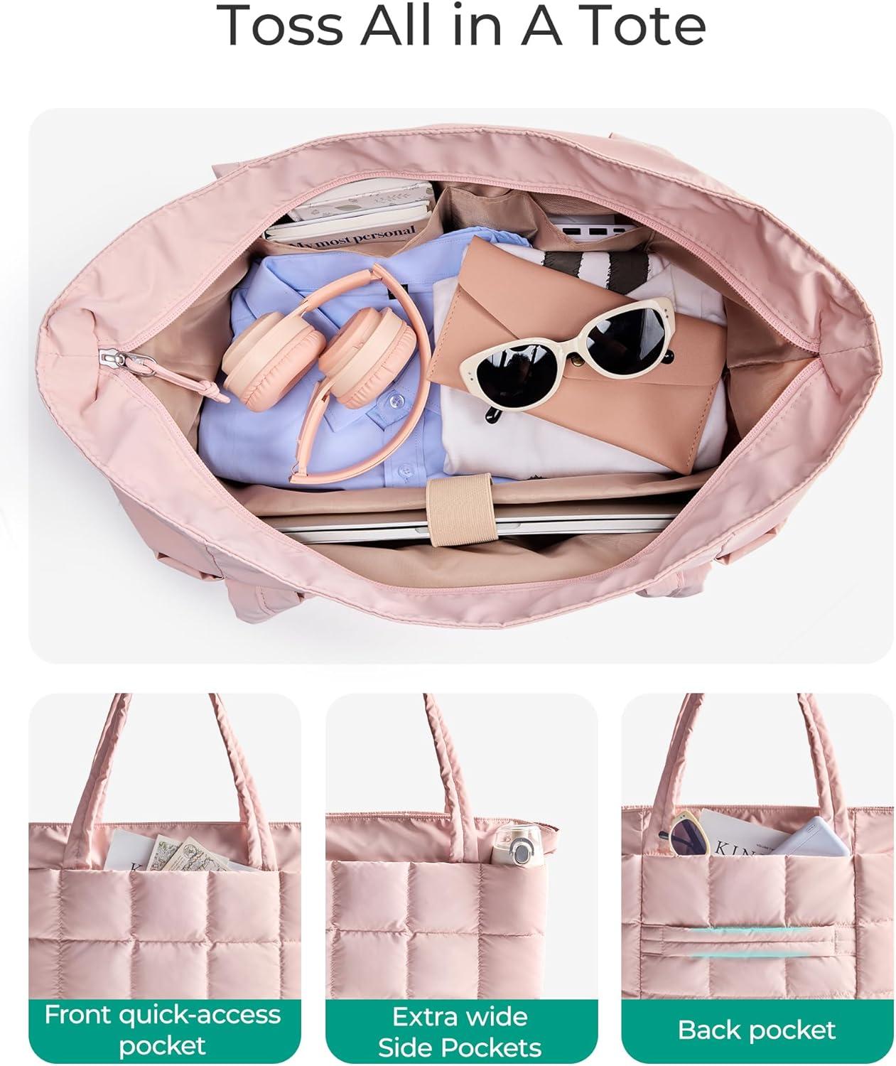 imageBAGSMART Expandable Tote Bag for Women Zippered Puffer Design with WaterResistant Quilted Nurse and CarryOn Travel Bag Pink