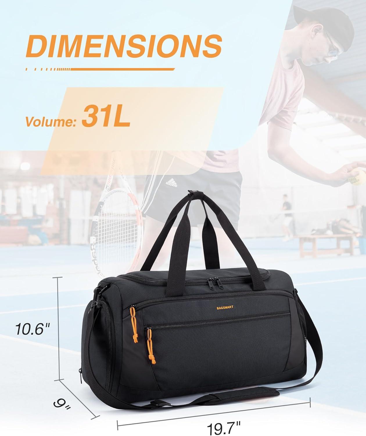 imageBAGSMART Gym Bag for Men 31L Sports Travel Duffle Bag With Shoe Compartment Waterproof Gym Duffel Bag for Men Travel Carry On Weekender Workout Bag Black