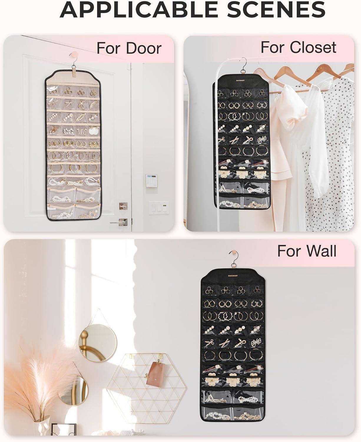 imageBAGSMART Hanging Jewelry Organizer Jewelry Holder Organizer Accessories Organizer 68 Pocket Earring Organizer Organizer for Wall Holding JewelriesLarge Black 1 Piece