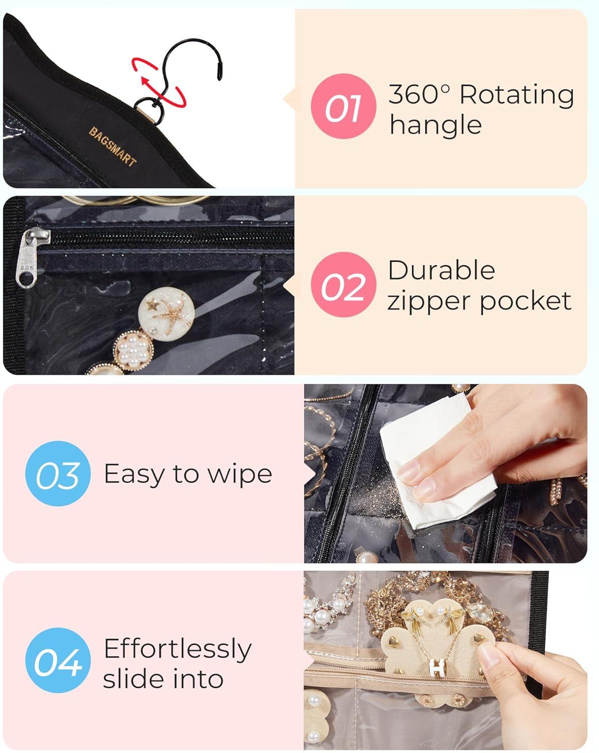 imageBAGSMART Hanging Jewelry Organizer Travel Jewelry Holder with 56 Zipper Pockets for Closet or Wall Large Jewelry Storage Black