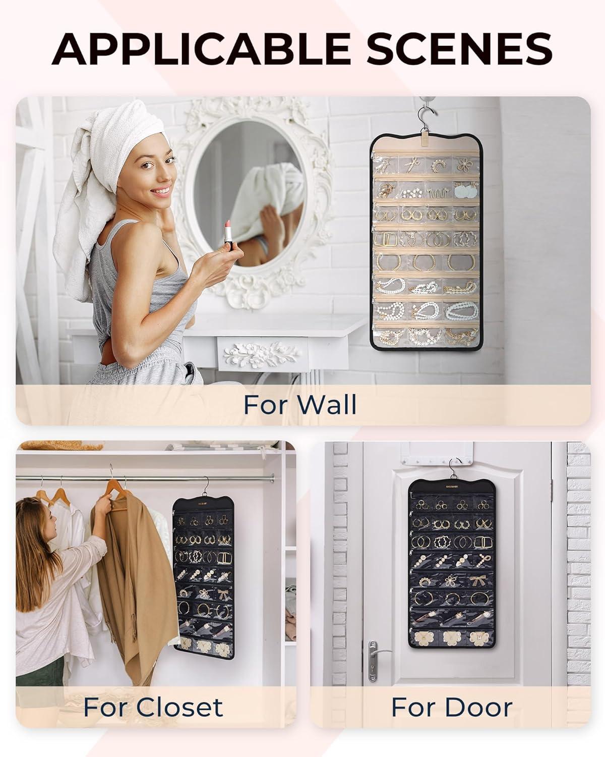 imageBAGSMART Hanging Jewelry Organizer Travel Jewelry Holder with 56 Zipper Pockets for Closet or Wall Large Jewelry Storage Black