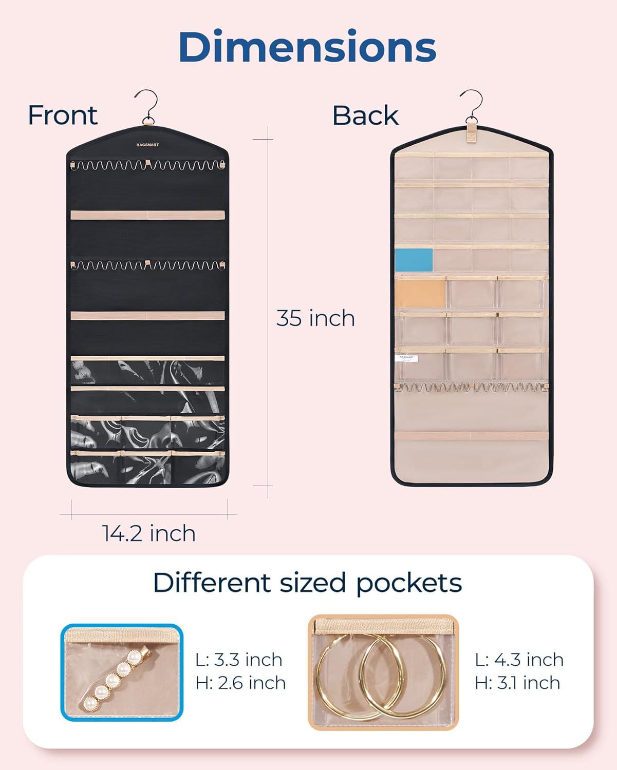 imageBAGSMART Hanging Jewelry Organizer with Hanger Metal Hooks DoubleSided Jewelry Holder for Organizing Earrings Necklaces Rings Perfect for in Hanging Closet Wall Door 1 Piece Large BlackA1Black