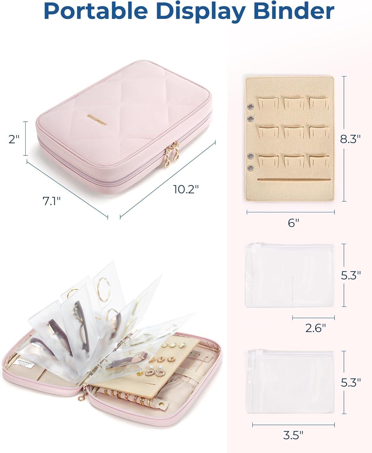 imageBAGSMART Jewelry Travel Case Ring Binder Storage Book with Clear Pockets Zippered Organizer for Necklace Earrings Rings Bracelet PinkPink