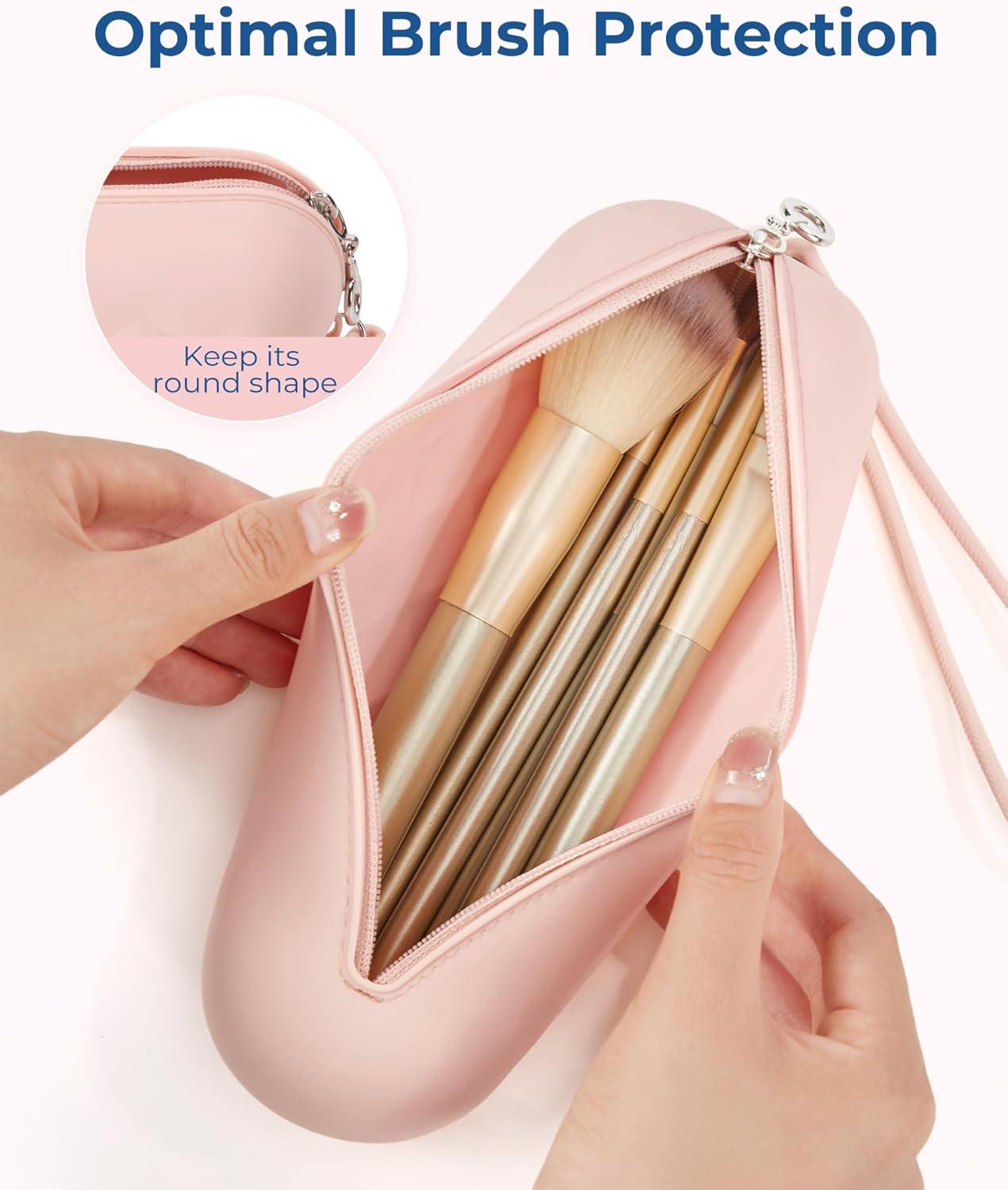 imageBAGSMART Makeup Brush Holder Bag Travel Small Makeup Bag for Purse Make Up Brush Bag Case Cosmetic Bag Silicone Soft Portable Face Brushes Travel Essentials Organizer Holder PinkAPink
