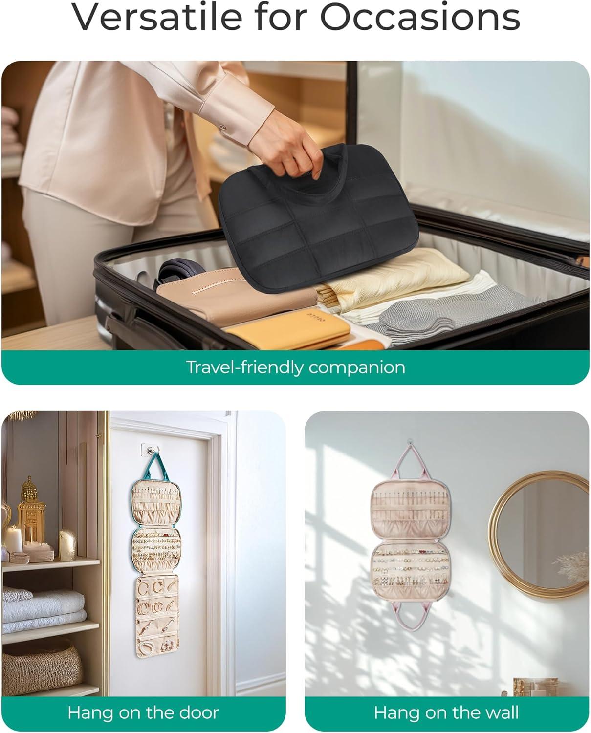 imageBAGSMART Travel Jewelry Case Hanging Jewelry Organizer with Zipper Pockets Large Capacity Puffy Jewelry Roll for Earrings Necklaces Rings on Closet Wall Door Portable Travel Essentials Pink