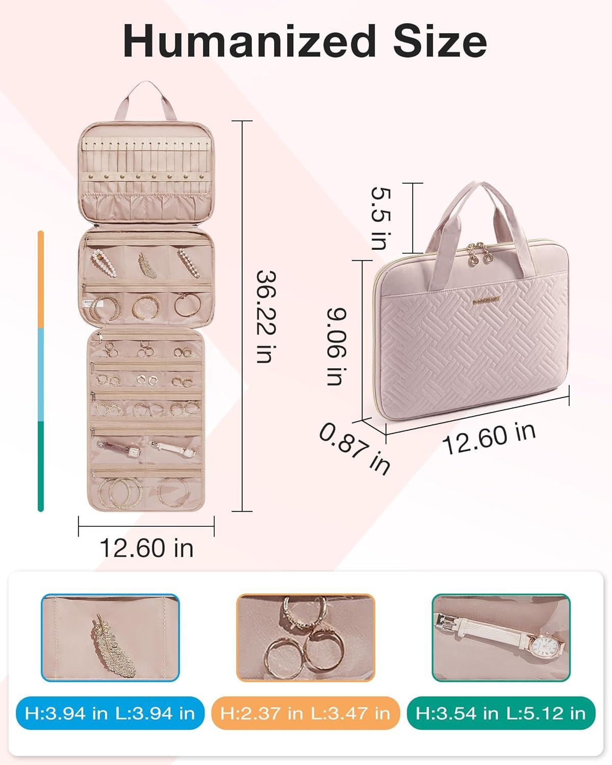 imageBAGSMART Travel Jewelry Case Hanging Roll Jewelry Bag with Zipper Pockets Jewelry from Oxidation Large Capacity for Earrings Necklaces Rings on Closet Wall Door Portable Travel Essentials PinkPink