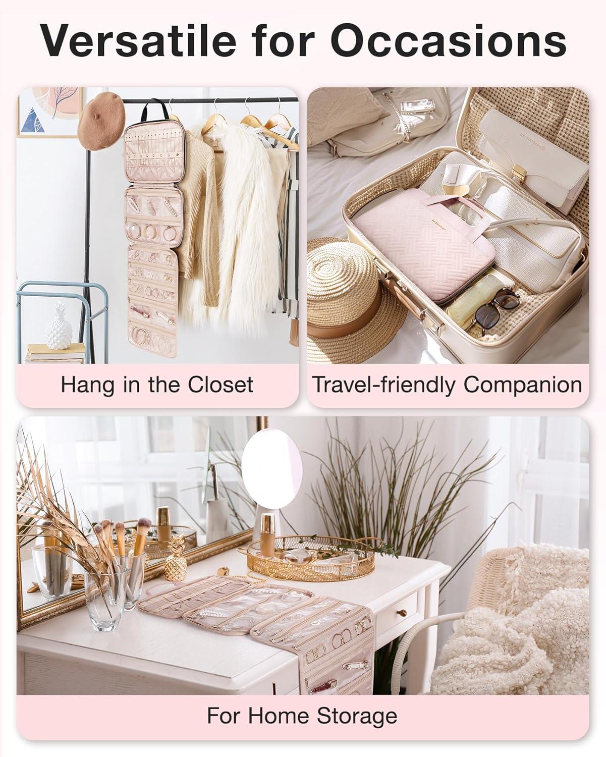 imageBAGSMART Travel Jewelry Case Hanging Roll Jewelry Bag with Zipper Pockets Jewelry from Oxidation Large Capacity for Earrings Necklaces Rings on Closet Wall Door Portable Travel Essentials PinkPink