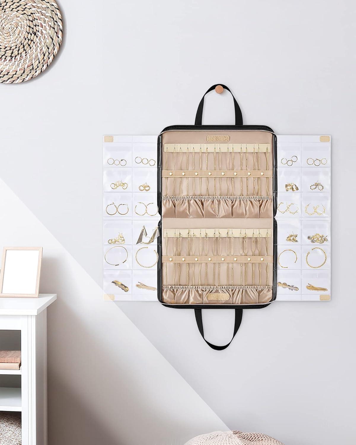 imageBAGSMART Travel Jewelry Organizer Case Portable Jewelry Roll Bag Tanglefree Necklace Storage Foldable Transparent Pockets for Earrings Rings Bracelet Travel Essentials BlackBlack