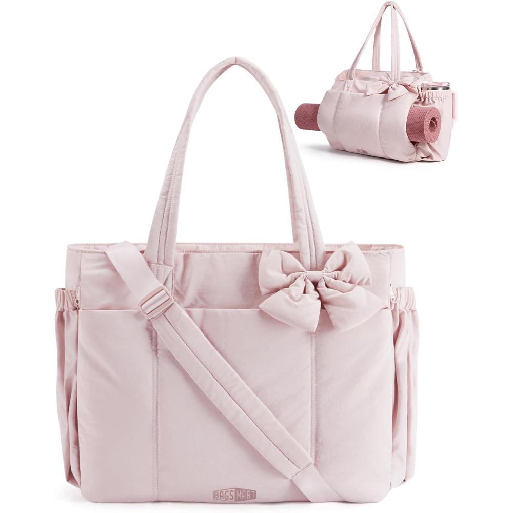 imageBAGAMSRT Crush Bow Tote Bag for Women Large Work Tote with 40oz Tumbler Puffer Travel Tote Bag for Work Yoga GymCandy Pink