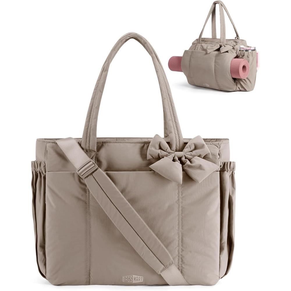 imageBAGAMSRT Crush Bow Tote Bag for Women Large Work Tote with 40oz Tumbler Puffer Travel Tote Bag for Work Yoga GymLatte Brown