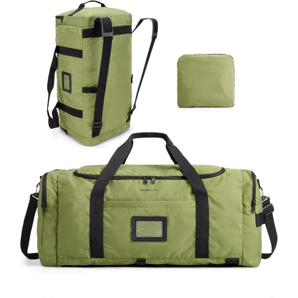 imageBAGSAMRT 60L Foldable Duffle Bag for Travel Large Travel Duffel Bag for Men 4 in 1 Travel Backpack Carry on Weekender Bag Army GreenArmy Green