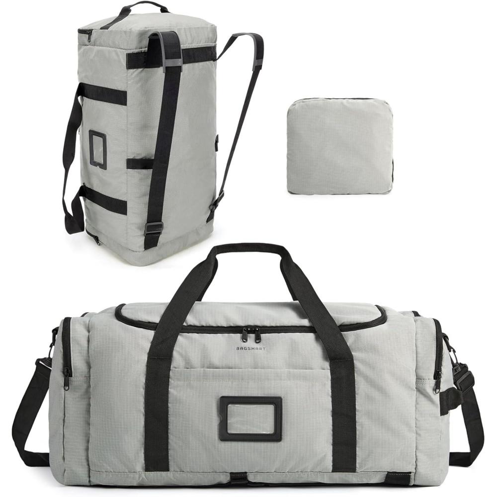 imageBAGSAMRT 60L Foldable Duffle Bag for Travel Large Travel Duffel Bag for Men 4 in 1 Travel Backpack Carry on Weekender Bag Army GreenGray