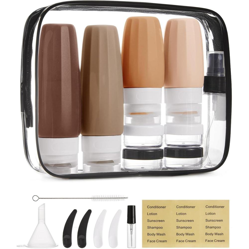 imageBAGSMART 18 Pack TSA Approved Travel Bottles for Toiletries Leak Proof Silicone Travel Size Containers Bottles for Shampoo MacaronEarth Tone