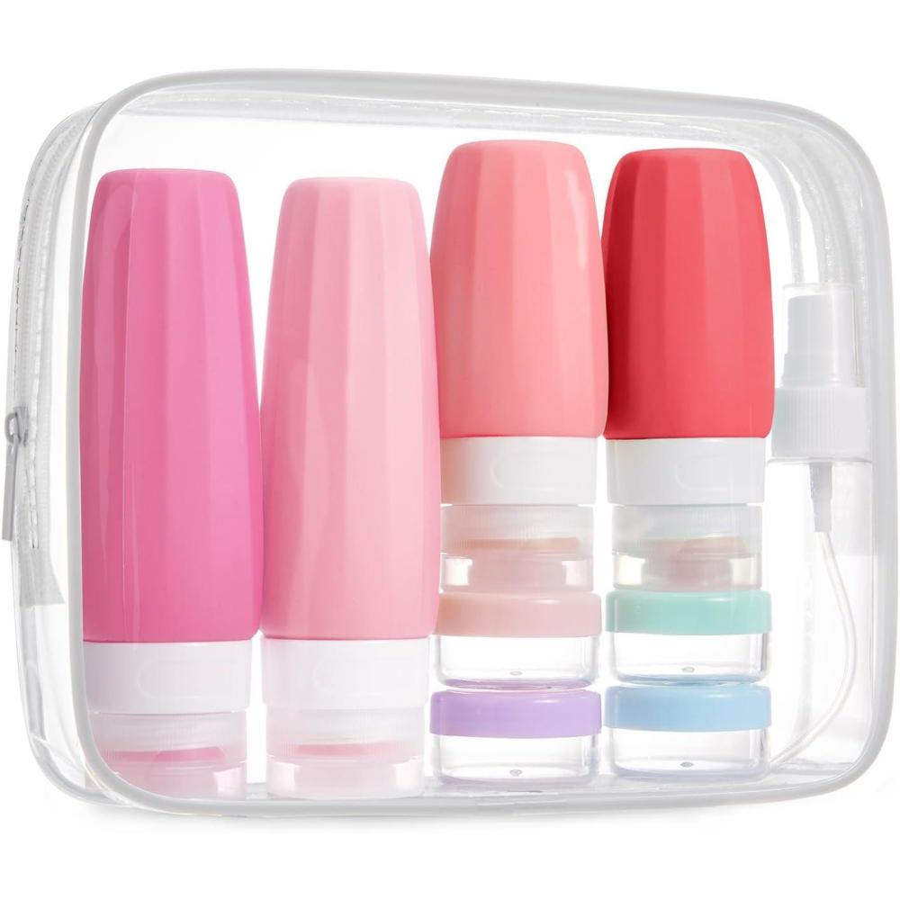 imageBAGSMART 18 Pack TSA Approved Travel Bottles for Toiletries Leak Proof Silicone Travel Size Containers Bottles for Shampoo MacaronRose Pink