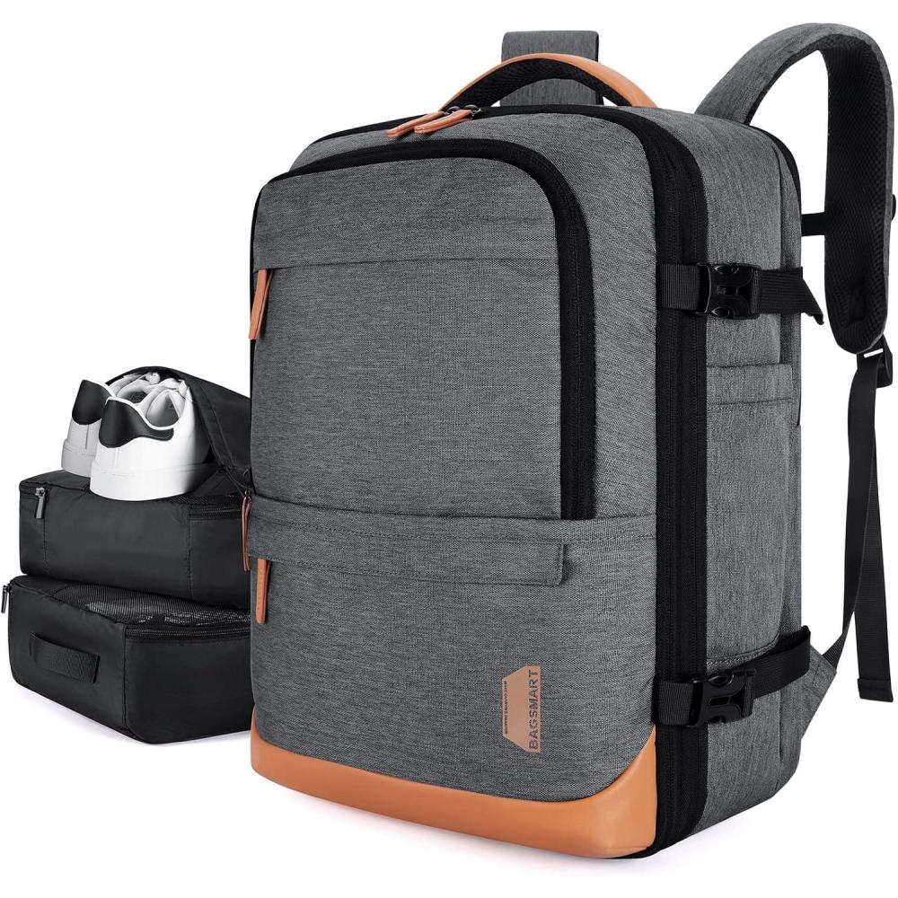 imageBAGSMART 37L Compression Travel Backpack Expandable Carry On Backpack with Packing Cubes Water Resistant Weekender Backpack Fits 17 Inch laptop Luggage Daypack with Shoe Bag GreyGrey