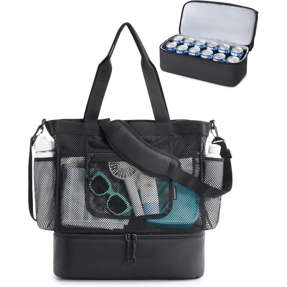 imageBAGSMART Beach Bag for Women Mesh Tote Bags with Zipper Sandproof Vacation Essentials with Cooler for Swim Cruise PoolBlack