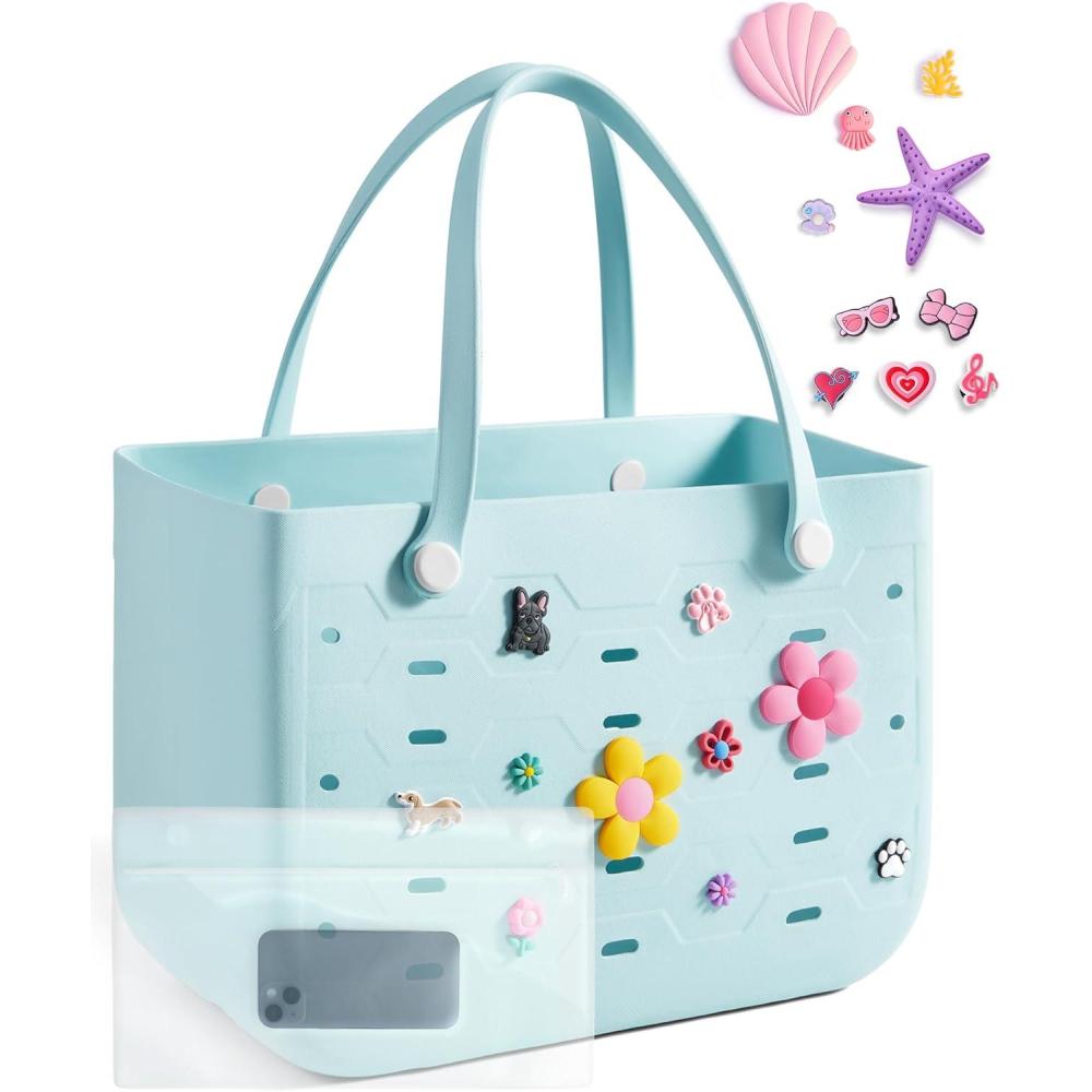 imageBAGSMART Beach Bag for Women Waterresistant Rubber Tote Bag Sandproof Vacation Essentials for Summer Swim Cruise PoolLblue