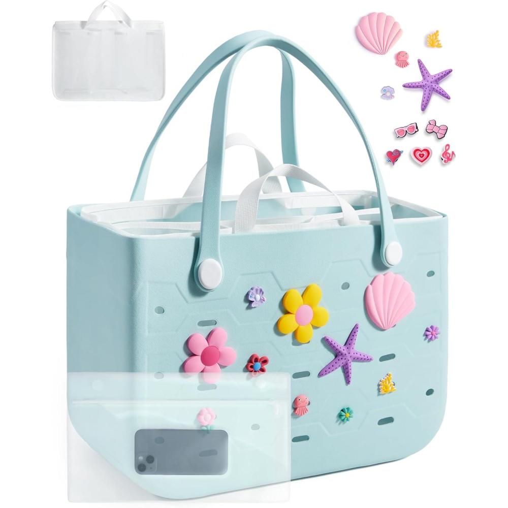 imageBAGSMART Beach Bag for Women Waterresistant Rubber Tote Bag Sandproof Vacation Essentials for Summer Swim Cruise PoolLblueset