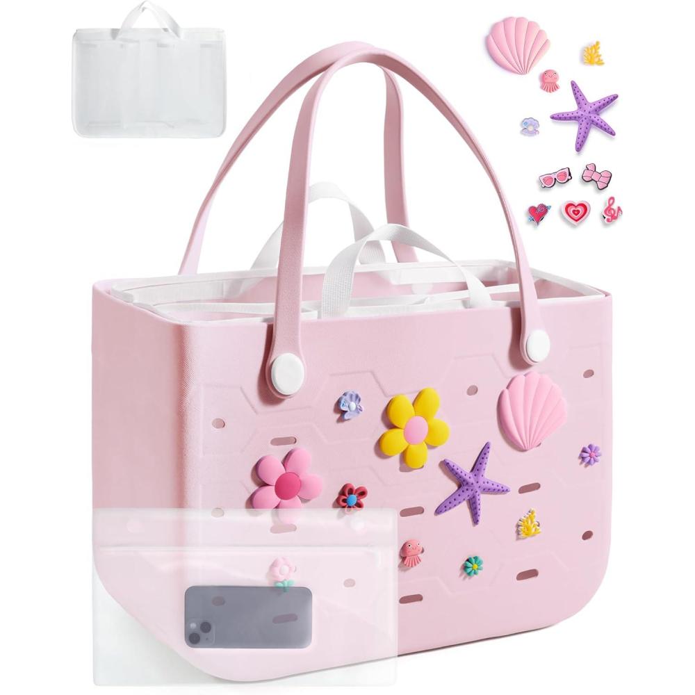 imageBAGSMART Beach Bag for Women Waterresistant Rubber Tote Bag Sandproof Vacation Essentials for Summer Swim Cruise PoolLpinkset