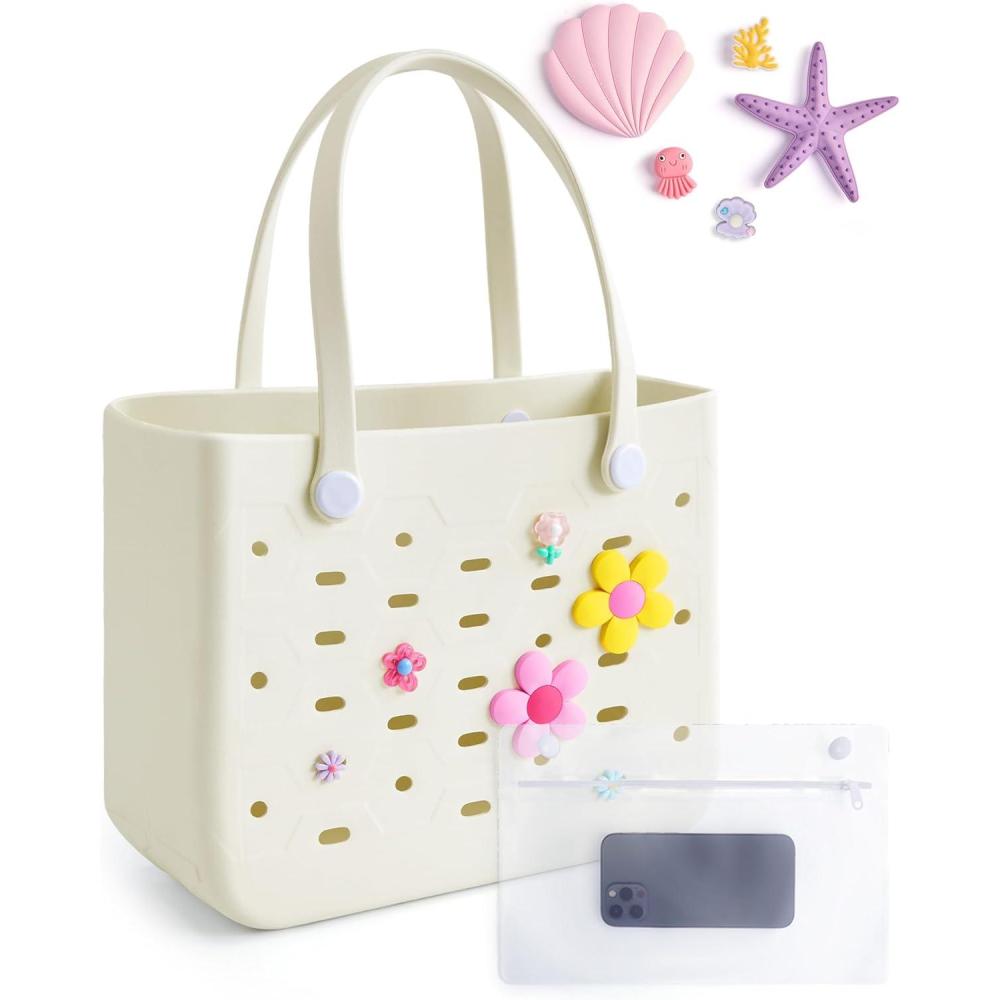 imageBAGSMART Beach Bag for Women Waterresistant Rubber Tote Bag Sandproof Vacation Essentials for Summer Swim Cruise PoolMwhite