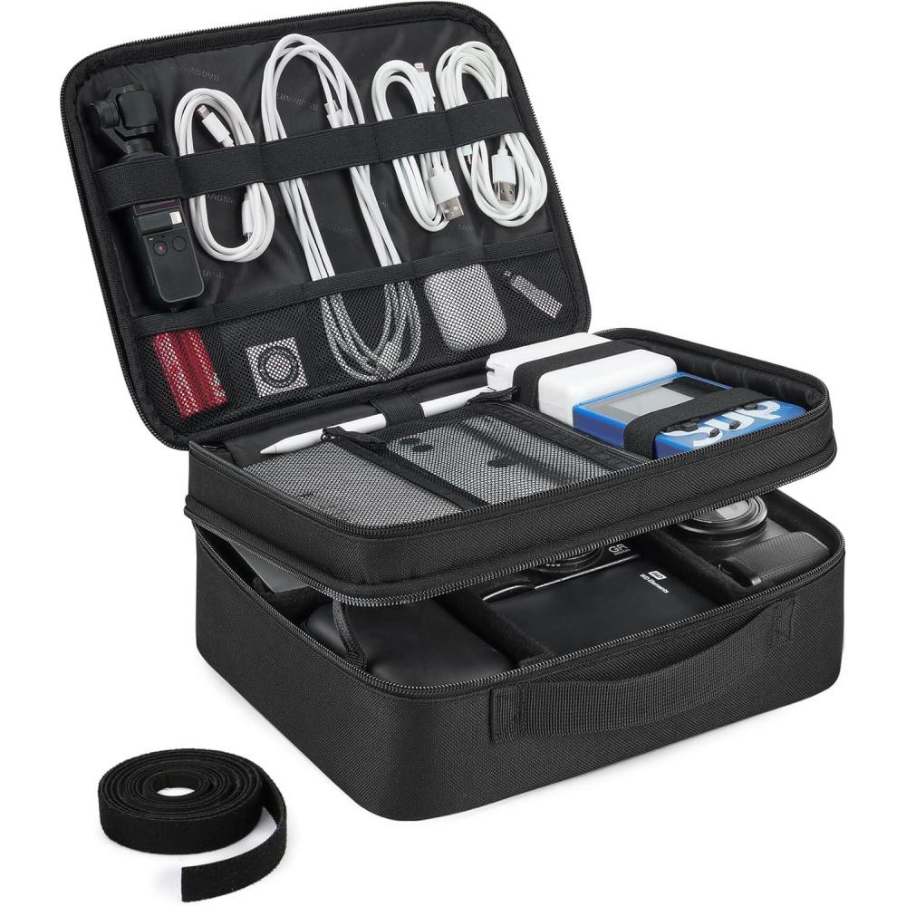 imageBAGSMART Cable Organizer Bag Travel Electronics Organizer with Adjustable Divider Tech Bag Carrying Case Storage Bag Sturdy Tool Case with Handle for Cellphone Cord Electronics Accessories BlackBlack