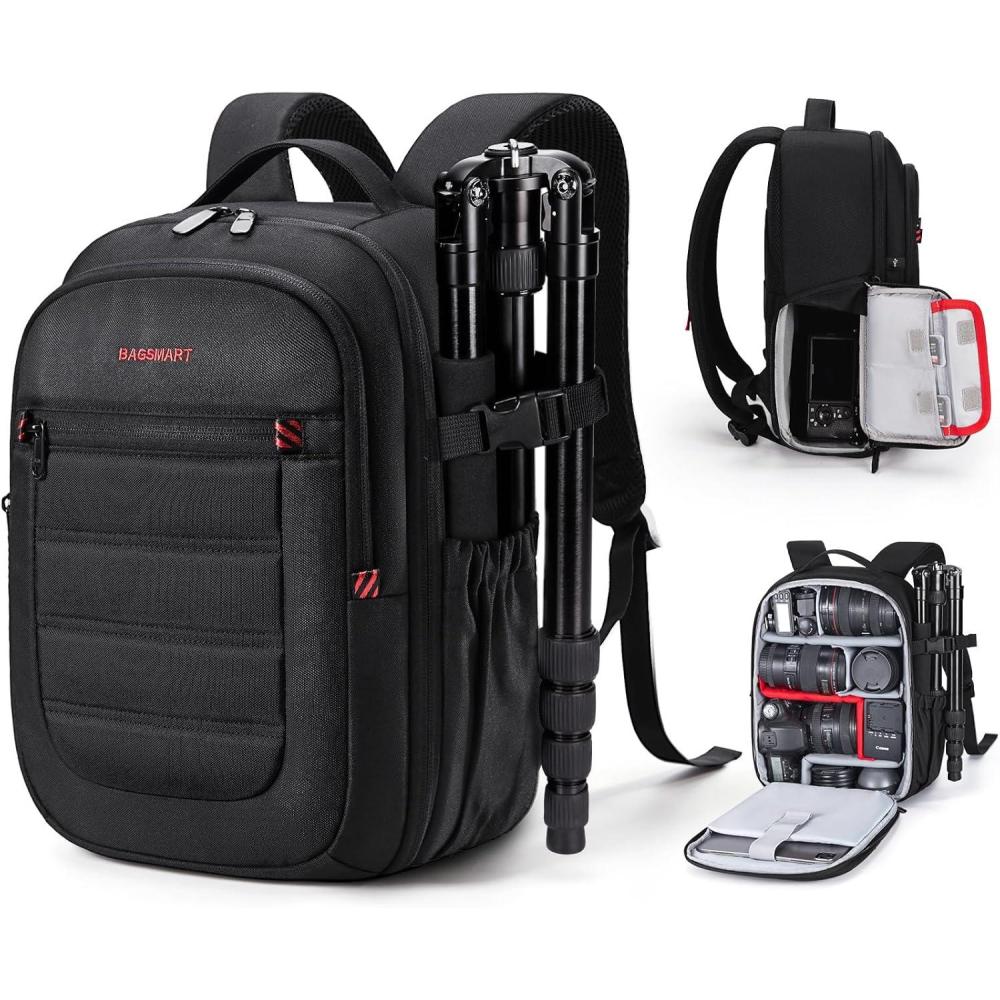 imageBAGSMART Camera Backpack Expandable DSLR SLR Camera Bags for Photographers Photography Travel Backpack with 156quot Laptop Compartment Rain Cover ampamp Tripod Holder BlackBlack