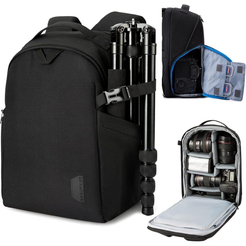 imageBAGSMART Camera Bag DSLR SLR Camera Backpack Fits up to 156quot Laptop Camera Case for Photographers with Waterproof Rain Cover Tripod Holder BlackBlack