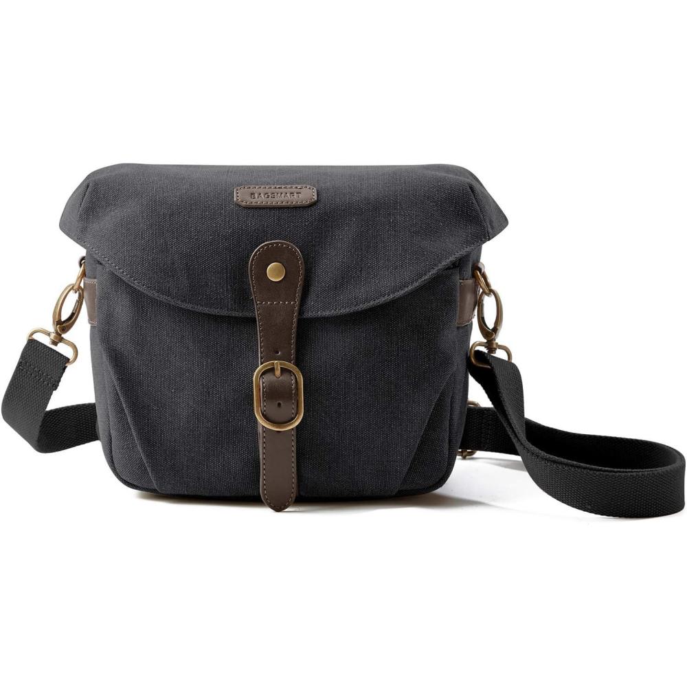 imageBAGSMART Camera Bag SLR DSLR Canvas Crossbody Camera Case Compact Camera Shoulder Bag with Rain Cover for Women and Men Black01Black