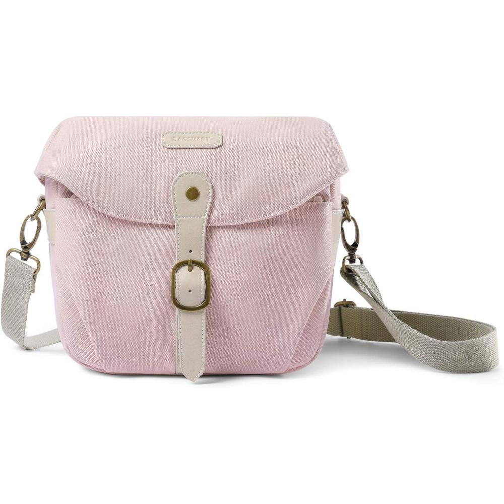 imageBAGSMART Camera Bag SLR DSLR Canvas Crossbody Camera Case Compact Camera Shoulder Bag with Rain Cover for Women and Men Black04Light Pink