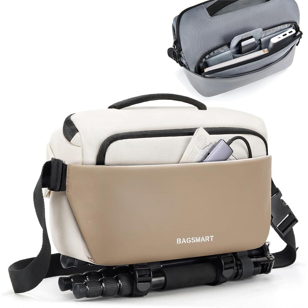 imageBAGSMART Camera Sling Bag Small Camera Bags for Photographers with Tripod Holder Waterproof DSLRSLRMirrorless Camera Bags Crossbody with Rain Cover Compatible with Canon Sony Nikon GrayBeige