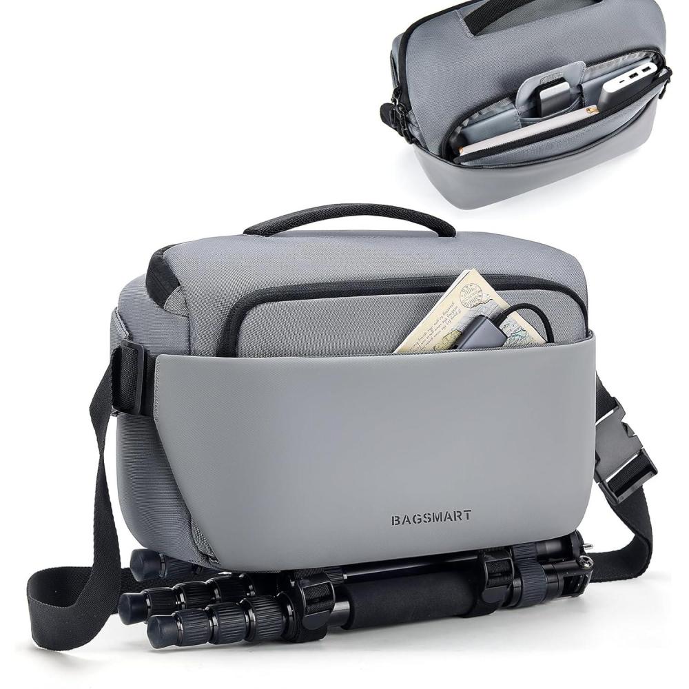 imageBAGSMART Camera Sling Bag Small Camera Bags for Photographers with Tripod Holder Waterproof DSLRSLRMirrorless Camera Bags Crossbody with Rain Cover Compatible with Canon Sony Nikon GrayGray