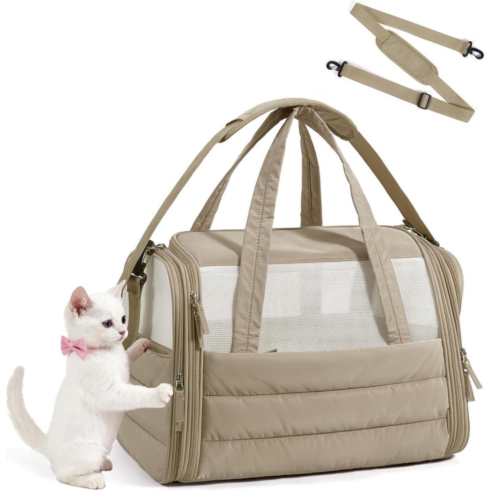 imageBAGSMART Cat Carrier SoftSided Pet Carrier for Small Medium Cats Dogs Puppy Quilted Collapsible Puffy Travel Bag Up to 20 Lbs PinkBrown