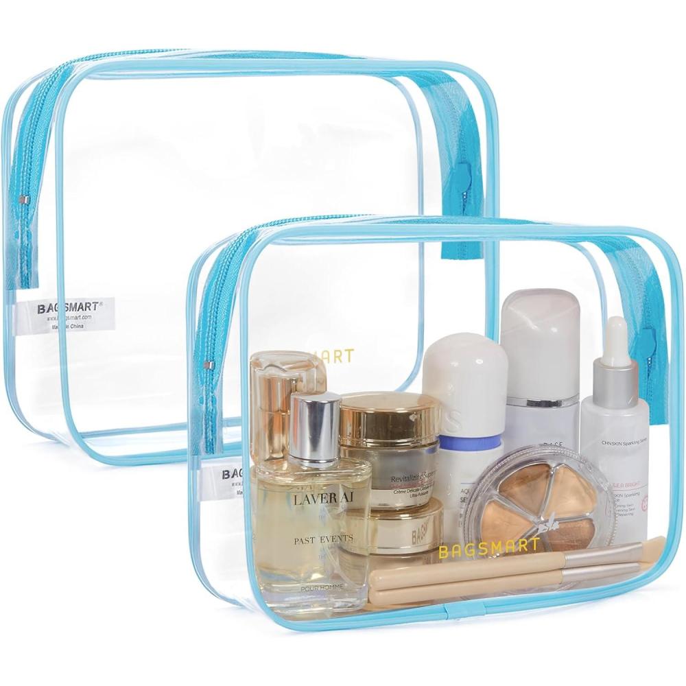 imageBAGSMART Clear Toiletry Bag 2 Pack TSA Approved Travel Toiletry Bag Carry on Travel Accessories Bag Airport Airline Quart Size Bags Water Repellent Makeup Cosmetic Bag for Women Black2pcsDistinct Blue