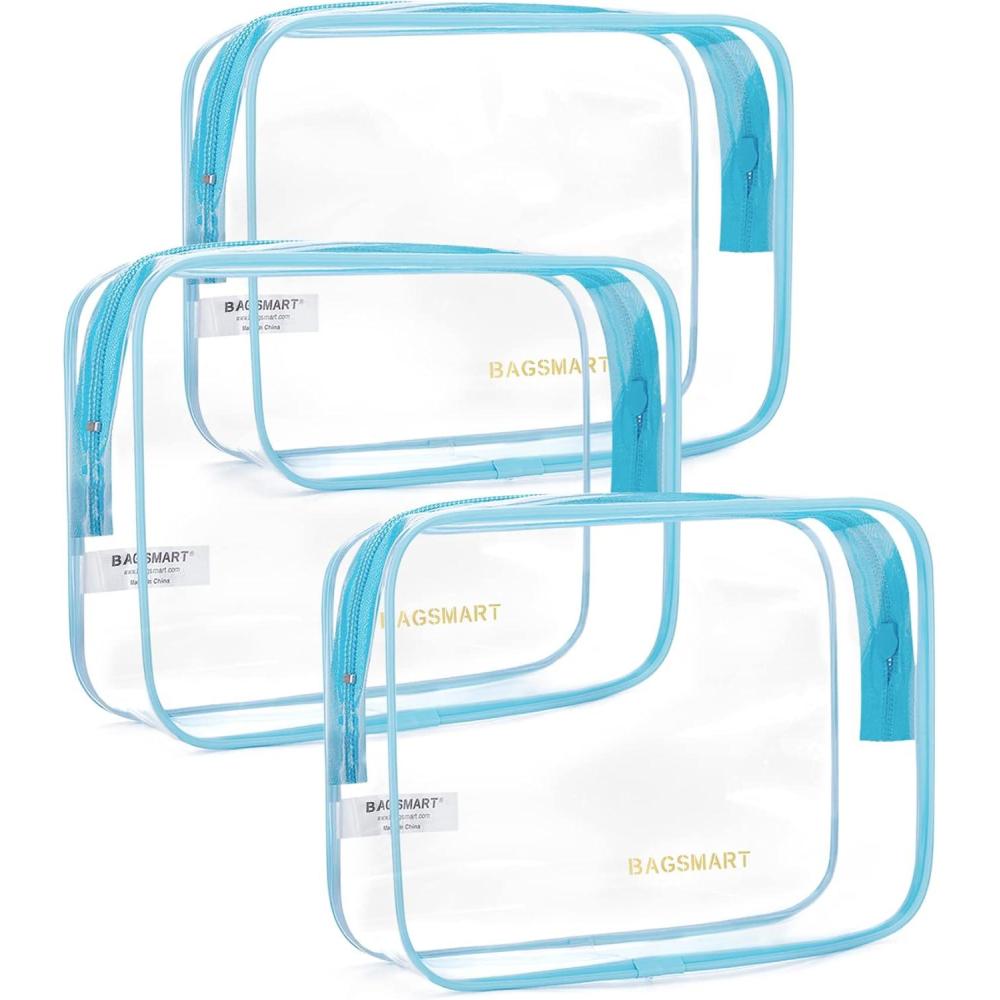 imageBAGSMART Clear Toiletry Bag 2 Pack TSA Approved Travel Toiletry Bag Carry on Travel Accessories Bag Airport Airline Quart Size Bags Water Repellent Makeup Cosmetic Bag for Women Black2pcsCerulean Blue
