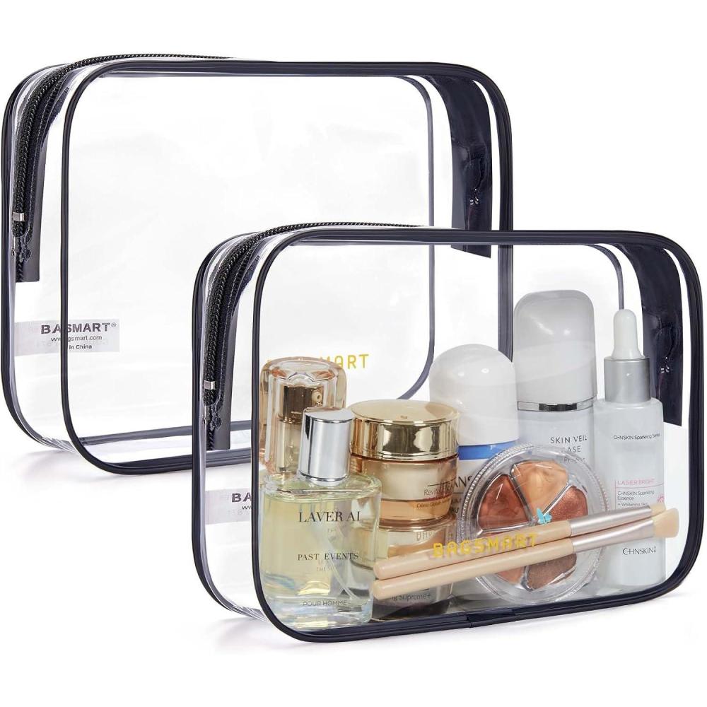 imageBAGSMART Clear Toiletry Bag 2 Pack TSA Approved Travel Toiletry Bag Carry on Travel Accessories Bag Airport Airline Quart Size Bags Water Repellent Makeup Cosmetic Bag for Women Black2pcsActive Black