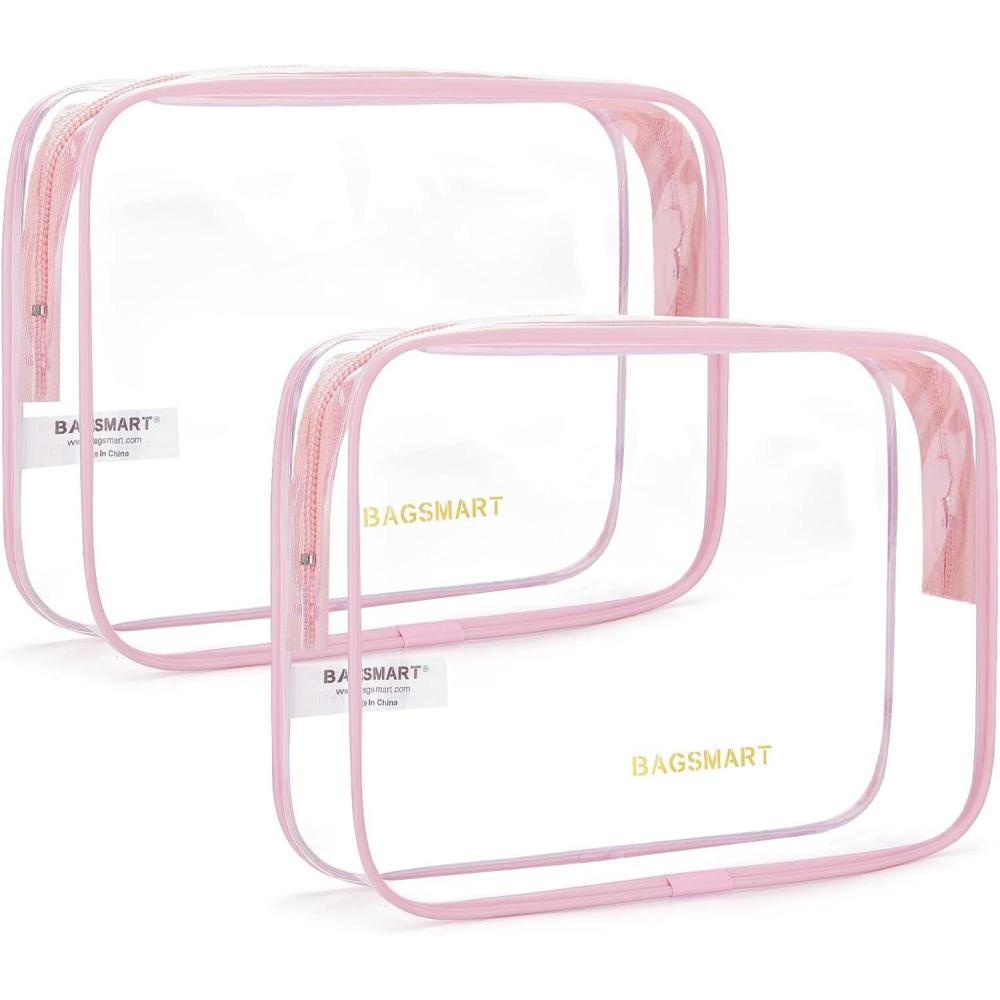 imageBAGSMART Clear Toiletry Bag 2 Pack TSA Approved Travel Toiletry Bag Carry on Travel Accessories Bag Airport Airline Quart Size Bags Water Repellent Makeup Cosmetic Bag for Women Black2pcsAngelic Pink