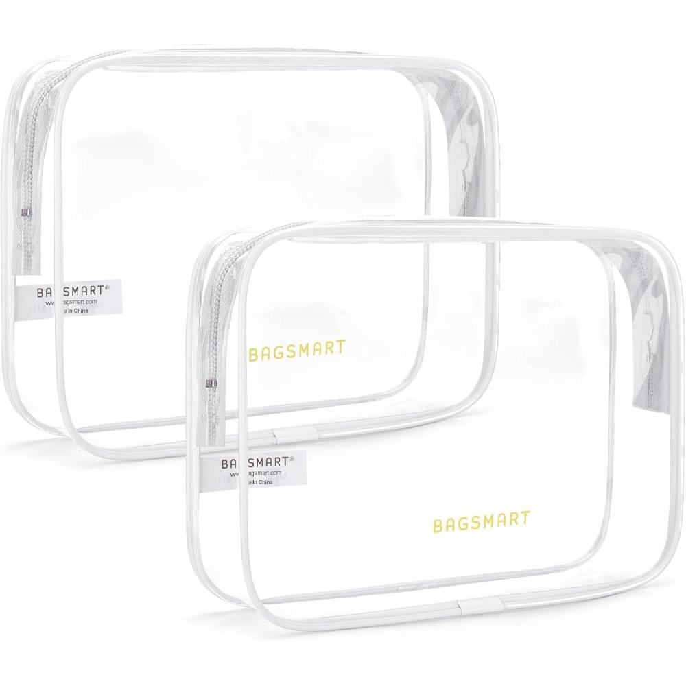 imageBAGSMART Clear Toiletry Bag 2 Pack TSA Approved Travel Toiletry Bag Carry on Travel Accessories Bag Airport Airline Quart Size Bags Water Repellent Makeup Cosmetic Bag for Women Black2pcsClassic White