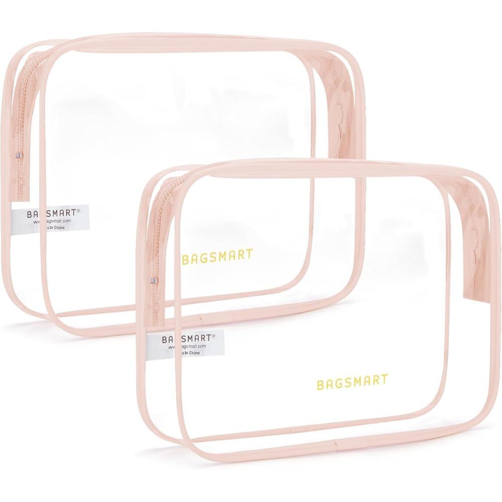 imageBAGSMART Clear Toiletry Bag 2 Pack TSA Approved Travel Toiletry Bag Carry on Travel Accessories Bag Airport Airline Quart Size Bags Water Repellent Makeup Cosmetic Bag for Women Black2pcsChic Nude Pink