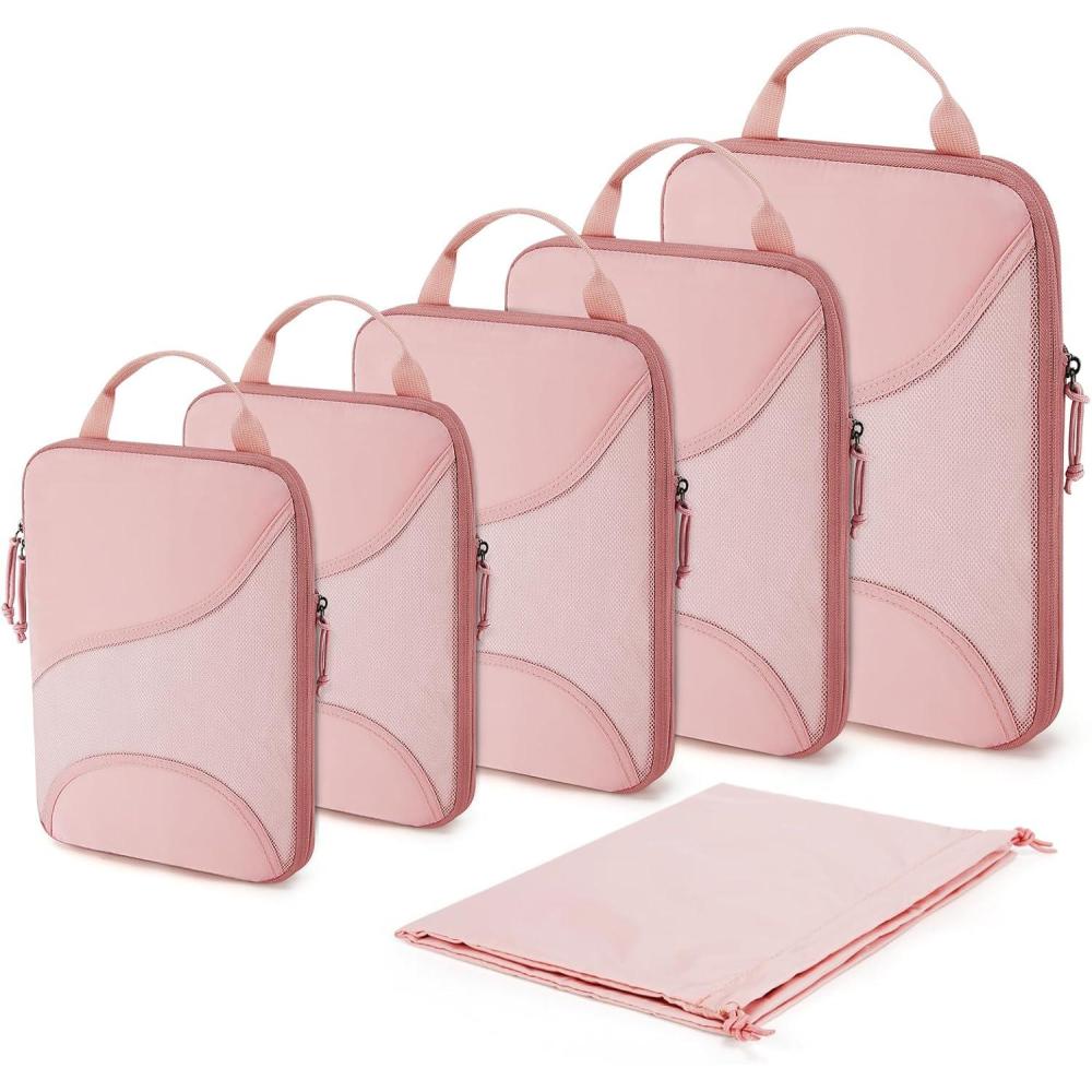 imageBAGSMART Compression Packing Cubes 6 Set Travel Packing Cubes for Suitcases Compression Suitcase Organizers with Shoe Bag01Baby Pink