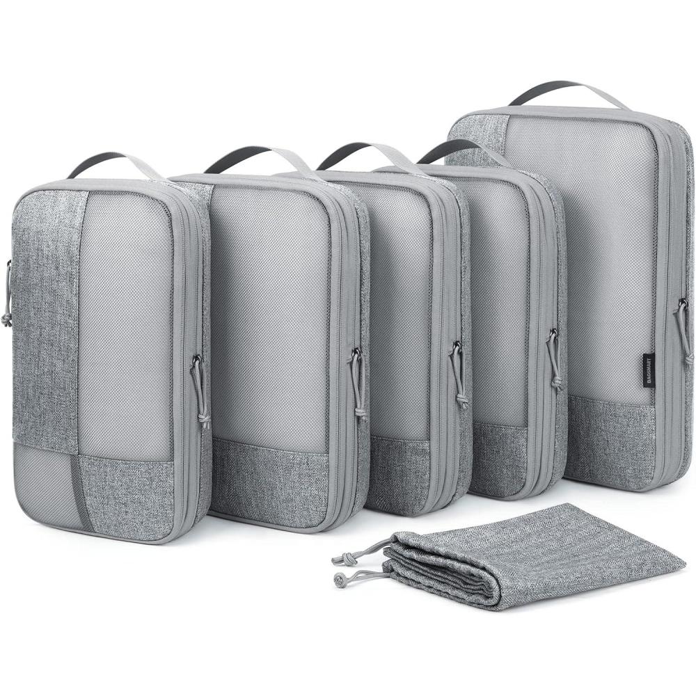 imageBAGSMART Compression Packing Cubes for Travel 6 Set Travel Packing Cubes for Carry on Suitcases Compression Travel Cubes ampamp Suitcase Organizer for Packing with Shoe Bag Grey01Grey