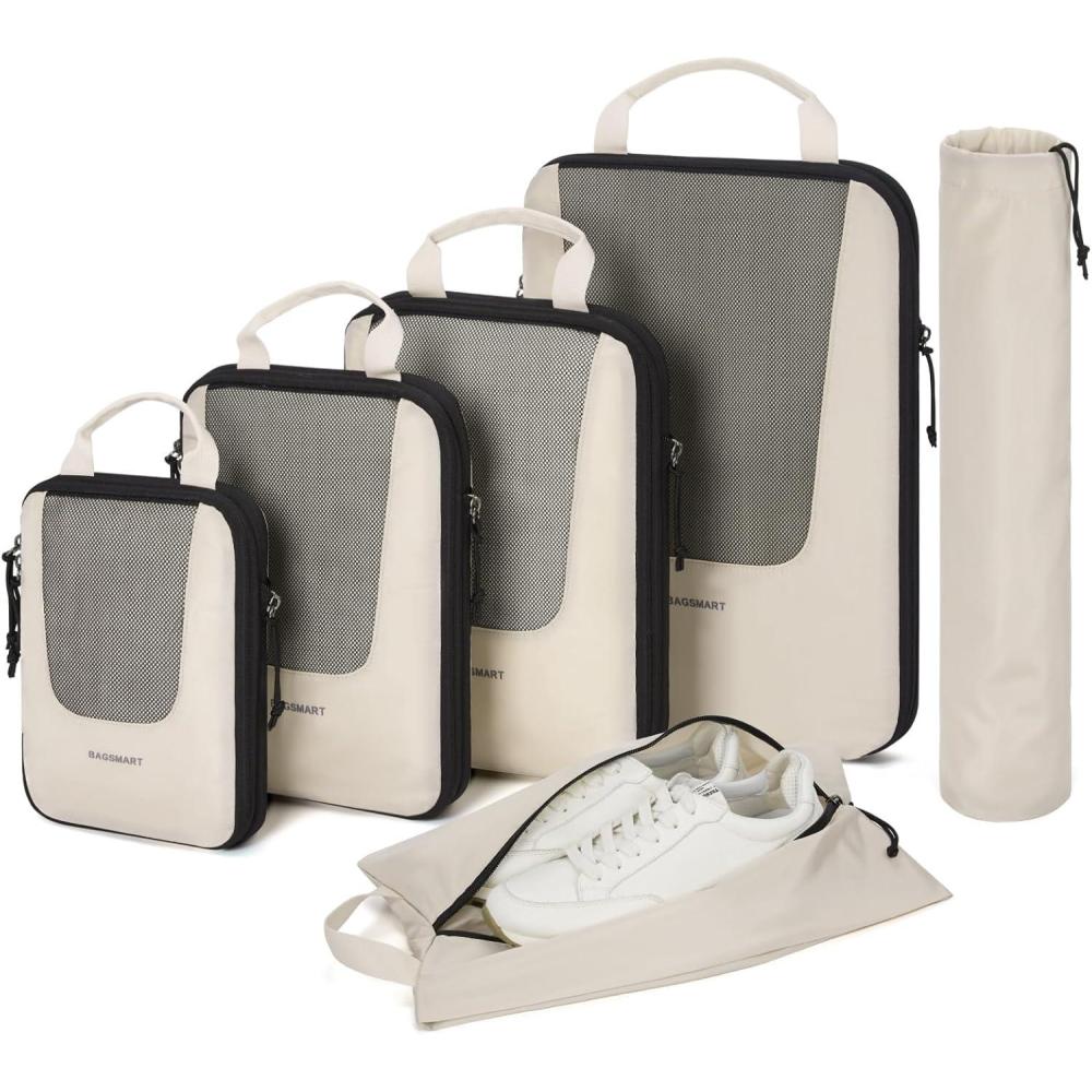 imageBAGSMART Compression Packing Cubes for Travel 6 Set5 Set4 Set Compression Suitcase Organizer Bags Set for Suitcases Travel Essentials Lightweight Packing OrganizersBeige