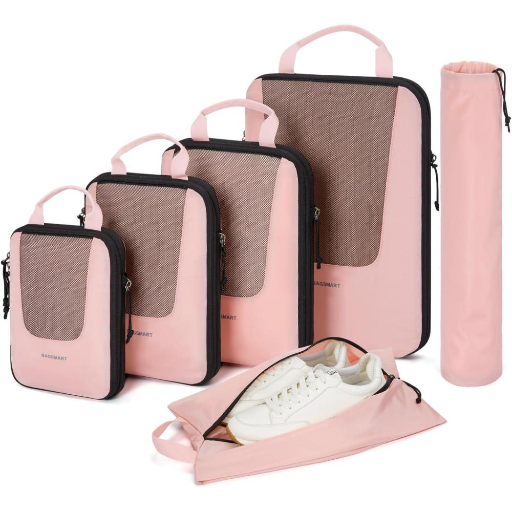 imageBAGSMART Compression Packing Cubes for Travel 6 Set5 Set4 Set Compression Suitcase Organizer Bags Set for Suitcases Travel Essentials Lightweight Packing OrganizersBaby Pink