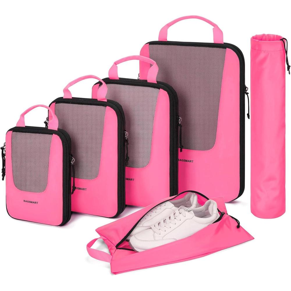 imageBAGSMART Compression Packing Cubes for Travel 6 Set5 Set4 Set Compression Suitcase Organizer Bags Set for Suitcases Travel Essentials Lightweight Packing OrganizersBarbie Powder