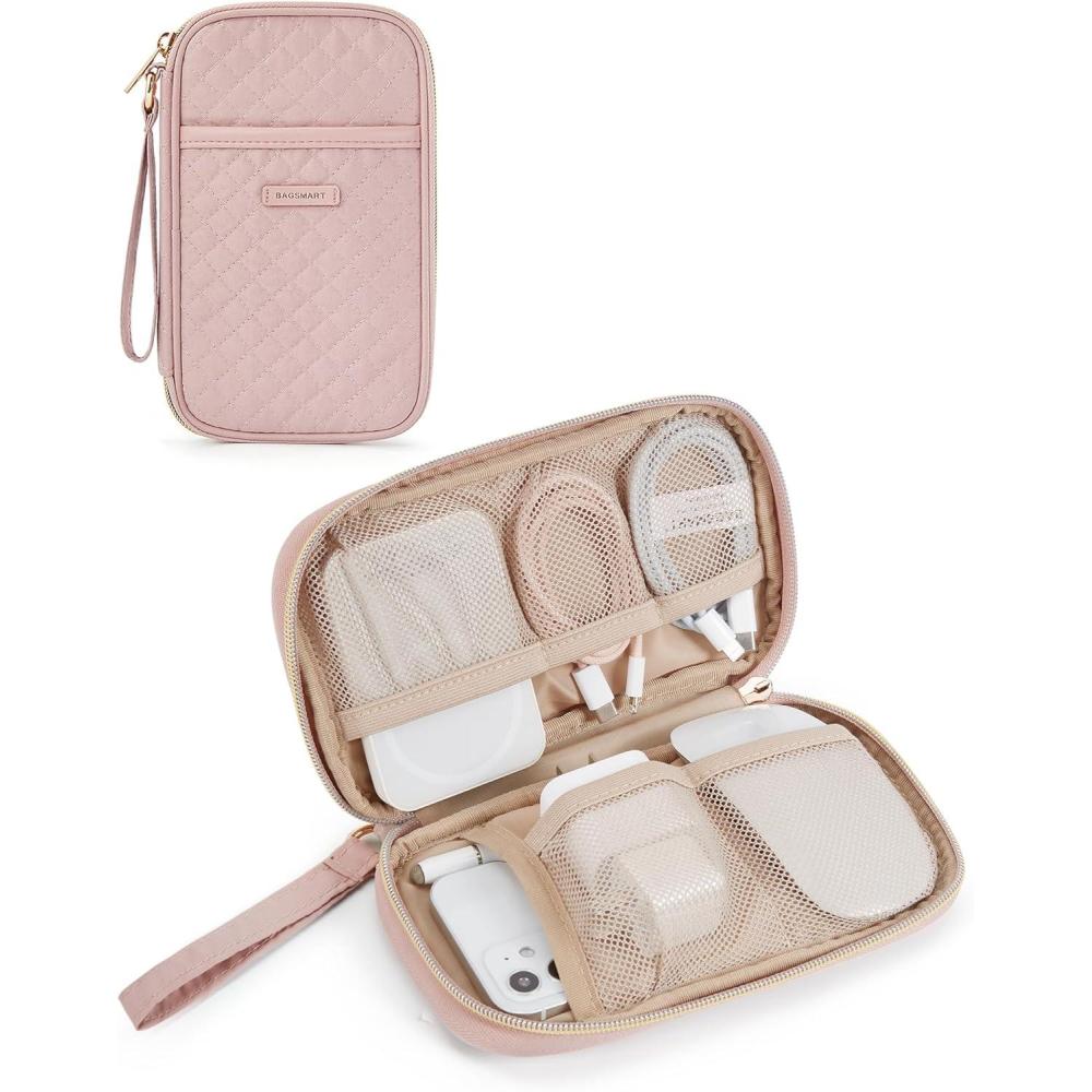 imageBAGSMART Cord Organizer Travel Cable Organizer Bag Tech Electronic Organizer Travel Case Travel Essentials for Charger Cable Phone Flash drive Single Layer BlackSingle Layer Quilted Pink
