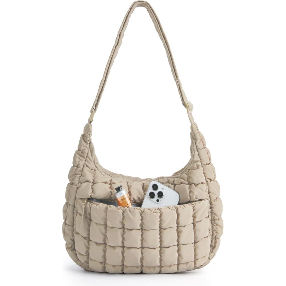 imageBAGSMART Crossbody Hobo Bag for Women Quilted Puffy Purses for Women Soft Fluffy Cute Shoulder Handbag for Daily UseBlatte Brown